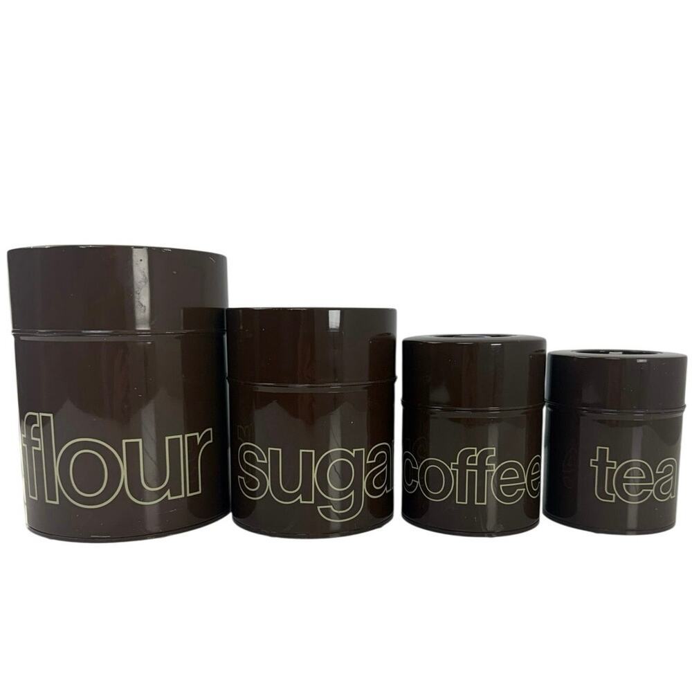 Vintage 70s Made in Japan Brown Canister Set Flour Sugar Coffee Tea 4 Pc